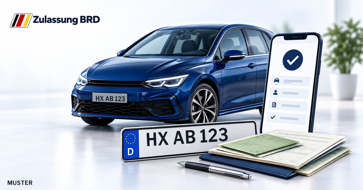 Online Fahrzeugzulassung in Brakel: Musterkennzeichen HX AB 123, Auto und Fahrzeugpapiere und Smartphone. Illustration mit Logo von Zulassung BRD.